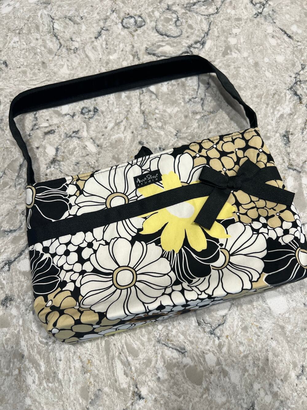 Reversible Anna Street Handbag Fabric Black White Yellow Plaid and Floral JL